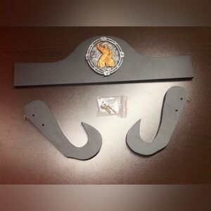 Sword Wall Hanger Wooden Construction With Black Finish And Ornamental Medallion